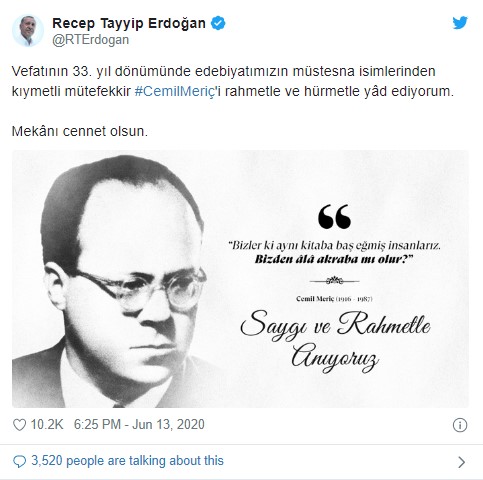 Cumhurbaşkanı Erdoğan, yazar Cemil Meriç'i vefatının 33. yılında andı